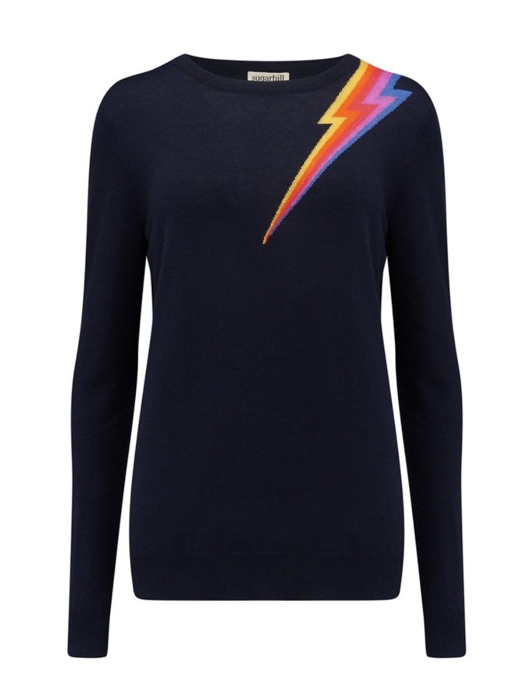 Sugarhill Brighton - Velma Lightning bolt sweater. Navy blue with rainbow. 4